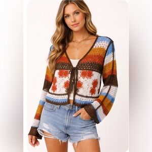 🌺 POL Open Knit Crochet Tie-Front Cardigan Multi Color Boho